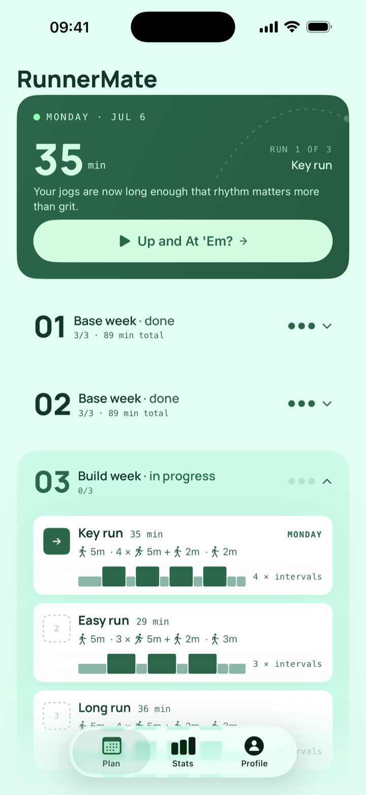 RunnerMate plan screen showing an 8-week training plan with the next 35-minute key run